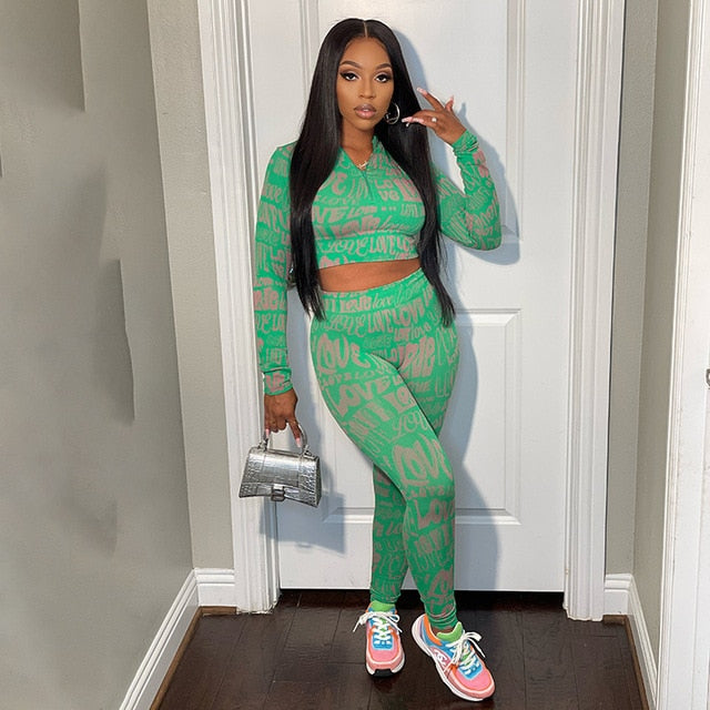 Letter Print Tracksuit Two Piece Set